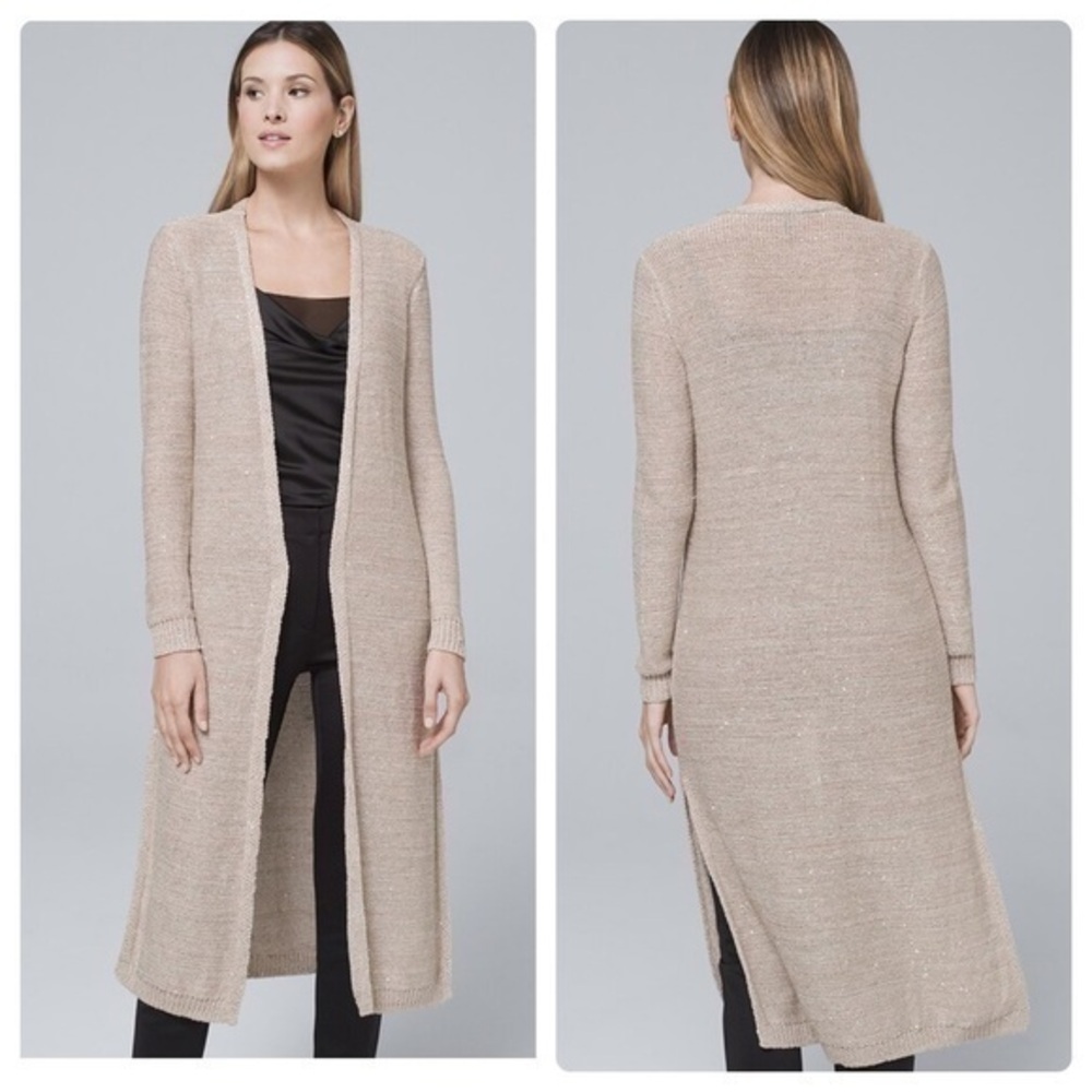 WHBM beige sequin details open knit duster C.C13